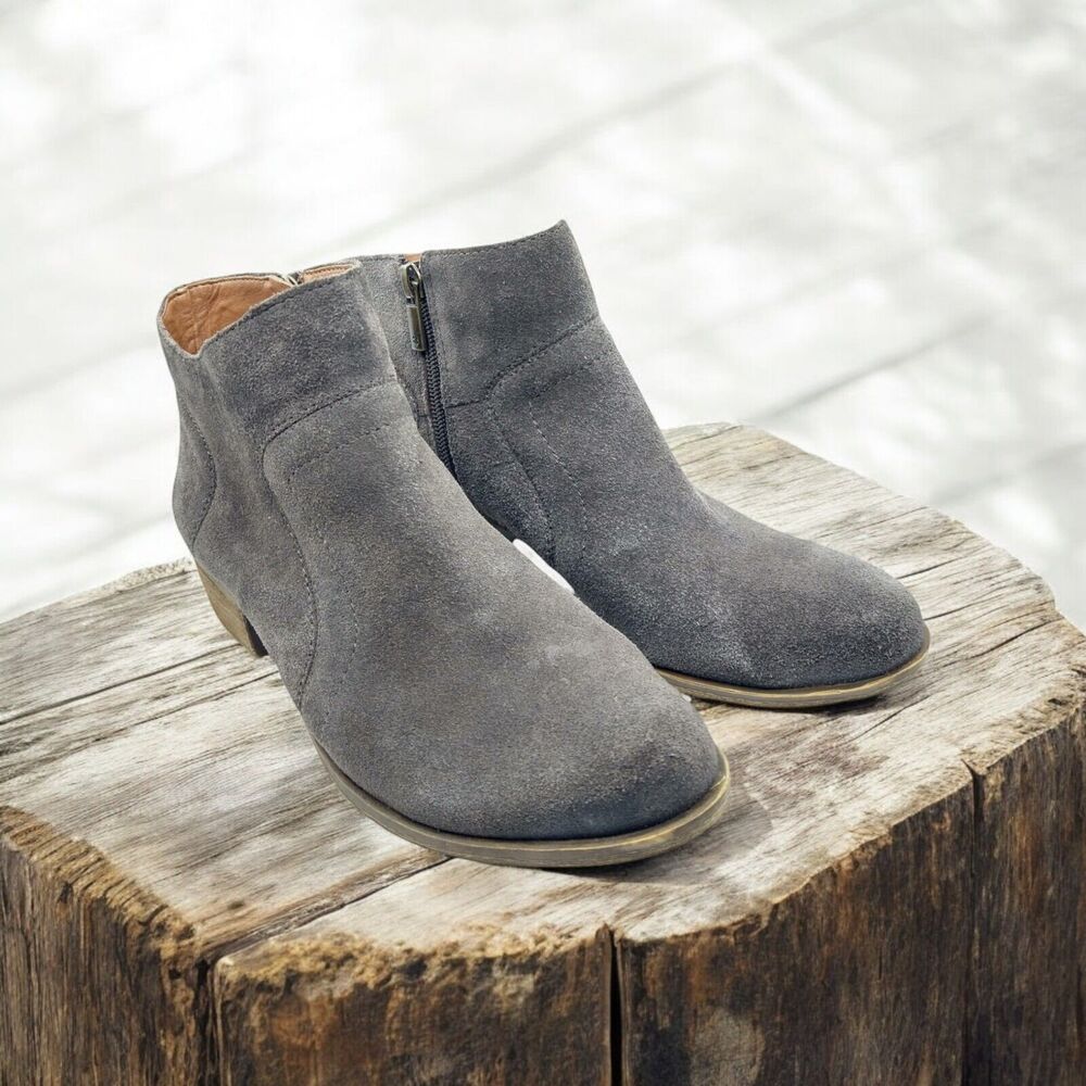 Lucky Brand Women’s Gray Suede Ankle Booties Size 7.5M – Zip Closure, Block Heel